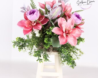 Everyday adorable multi-colored floral arrangement on a wooden stool. Peony, Magnolia decor, home decor, table decor, farmhouse centerpiece