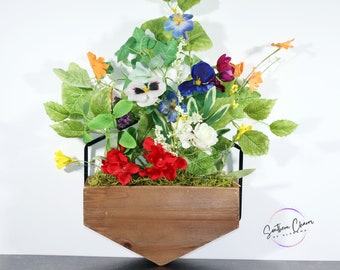 Decorative wall hanging floral arrangement, multi-colored flowers, spring and summer decoration, home decor, door hanger.