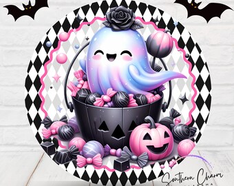 Ghost Candy Bucket Halloween Sign, Pink Pumpkin Decor