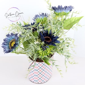 Blue Sunflower floral arrangement in an oval vase with handle, floral decor, home decor, centerpiece, farmhouse decor, housewarming gift ide
