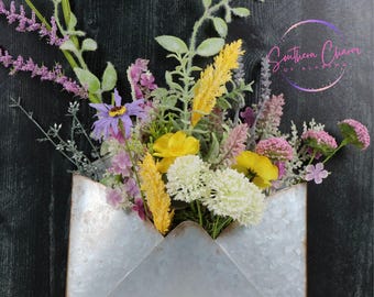 Rustic metal envelope floral arrangement. Floral decor, home decor, farmhouse decor, housewarming gift idea, wall decor, antique decor.