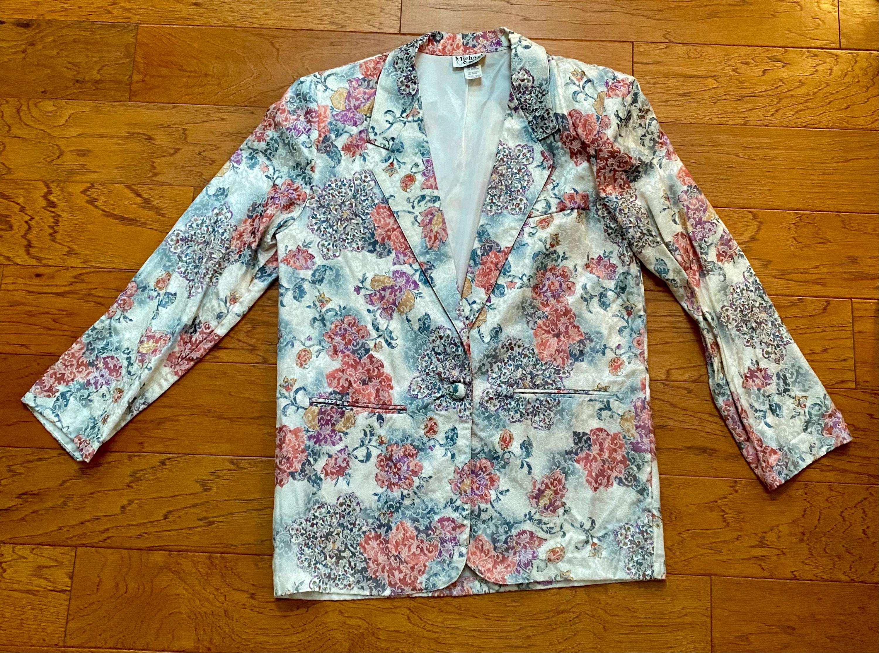 Blazer Vintage Floral Taille 8 - Manches 3/4, Acétate, Fait Aux USA