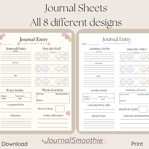 Digital Journal Sheets for Health, Work, School, Productivity, and Organization with Journal Entries, Reflection, and More