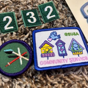 May include: Assortment of Girl Scout patches and badges. Includes green patches with white numbers 2, 3, and 2. A round green patch with white arrows and a blue-bordered patch with birdhouses and the text "COMMUNITY SERVICE".