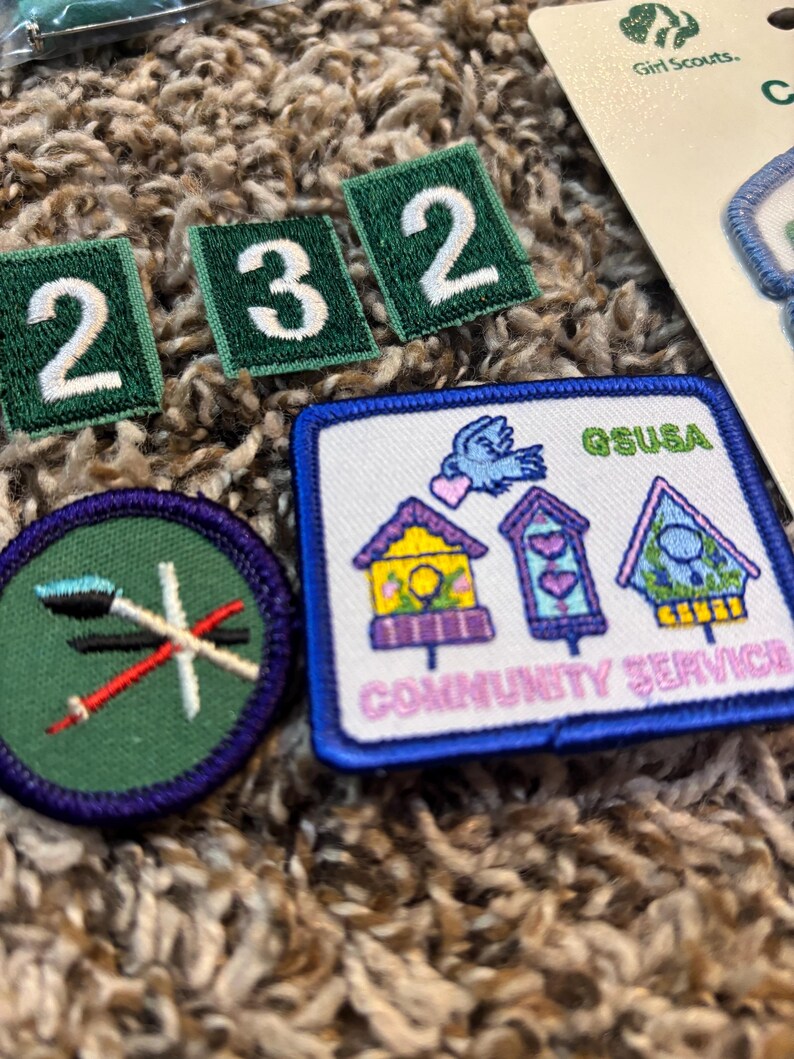 May include: Assortment of Girl Scout patches and badges. Includes green patches with white numbers 2, 3, and 2. A round green patch with white arrows and a blue-bordered patch with birdhouses and the text "COMMUNITY SERVICE".