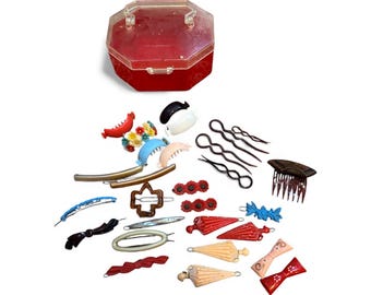 Vintage Retro Hair Clip Lot in Vintage container