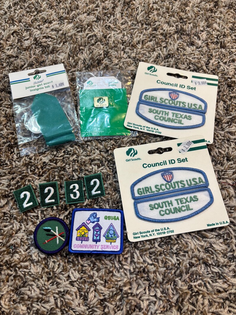 May include: A collection of Girl Scout patches and insignia, including a Junior Girl Scout insignia tab, Council ID sets, and various embroidered patches with numbers and community service themes. The items are displayed on a textured brown surface.