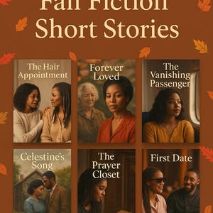 Puede incluir: Imagen promocional de seis cuentos de ficción de otoño. Los títulos se muestran encima de las portadas de los libros, que presentan retratos de personas. El fondo es marrón cálido con hojas de otoño.