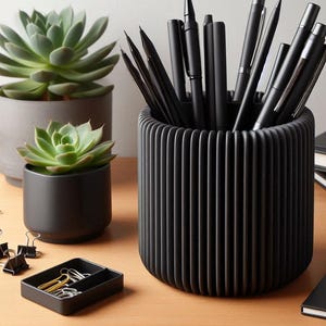 Può includere: Un organizer da scrivania nero con penne e matite, un piccolo vassoio nero con graffette e due piante grasse in vaso. L'organizer ha un design a coste. Le piante grasse sono verdi e in vasi grigi e neri.