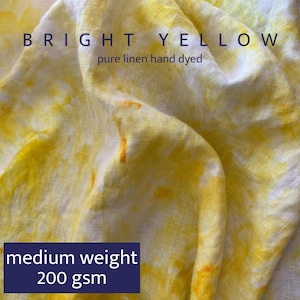 100% Linen Fabric | Bright Yellow | By the Meter | Hand Dyed | Abstract Watercolor Pattern | Linen and Dye | Medium Weight 200 gsm