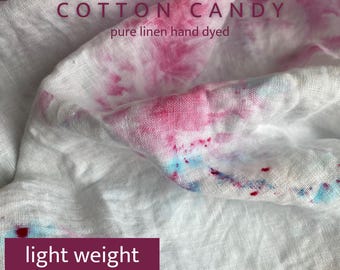 Pure Linen Light Weight Fabric | Cotton Candy | By the Meter | Hand Dyed | Blue and Pink on White | Delicate Multicolor Pattern | 100 GSM
