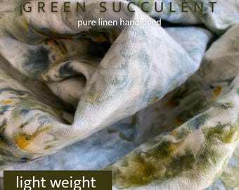 Pure Linen Fabric | Green Succulent | By the Meter | Hand Dyed | Blue and Green Delicate Watercolor Floral Pattern | Light Weight 100 gsm