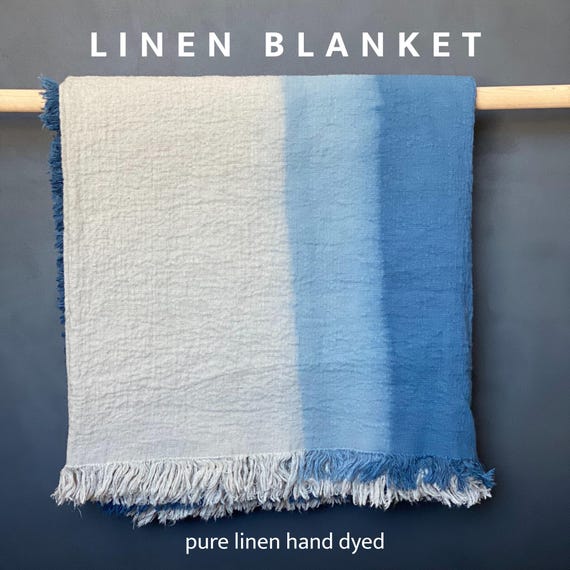 Pure Linen Throw Blanket | Frayed Edge | Navy Blue and Natural Undyed | Ombre | Hand Dyed | Woven | Double Layered | Fringed Lap Blanket