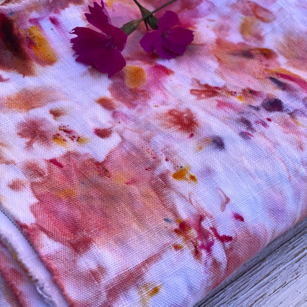 100% Linen Fabric | Tulip | By the Meter | Hand Dyed | Delicate Multicolour Watercolour Floral Pattern | Medium Weight 200 gsm