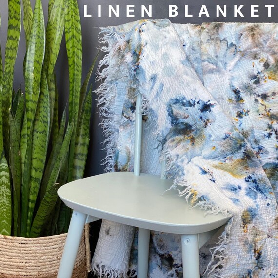 Pure Linen Throw Blanket | Frayed Edge | Blue Sage | Hand Dyed Floral Watercolor Pattern | Woven | Double Layered | Fringed Lap Blanket