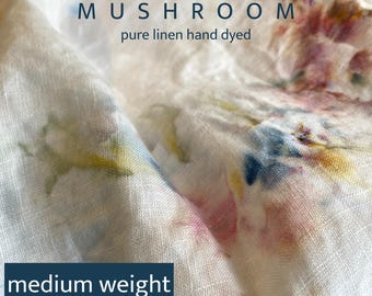 100% Linen Fabric | Mushroom | By the Meter | Hand Dyed | Soft Pink and Earthy Multicolor Floral Pattern | Medium Weight 200 gsm