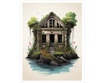 Cottage Core Sticker, Verlaten Groen Huis, Teruggewonnen door de natuur, Moeras, Natuurliefhebber, Bloemen, op het water, Bomen