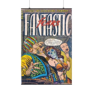 Cartel vintage de miedos fantásticos, terror, portada de cómic clásico, aterrador, dama muerta, enmascarado, no muerto