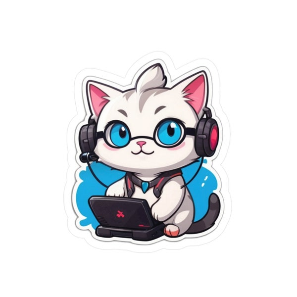 Gamer Cat Sticker, Headphones, Nerd, Cute kitty, Headphones, Computer, Glasses, Locker Sticker, Skateboard Sticker, Geeky