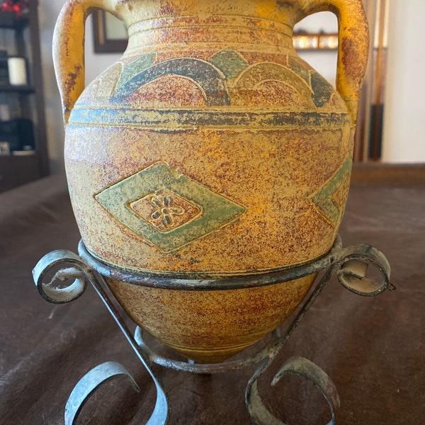 Earthenware Vase in Metal Stand, Two Handle Pottery Jug, Southwestern Pottery Vase