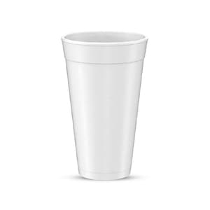 May include: A white foam cup, commonly used for beverages, with a smooth, rounded surface and a wide opening.