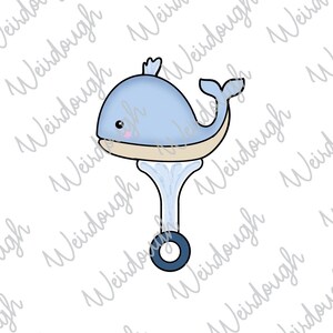 May include: A blue whale with a white belly and a pink mouth is on a blue and white water spout with a blue ring at the bottom.