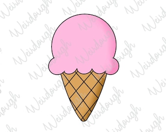 May include: A pink ice cream cone with a waffle cone. The ice cream is in a classic scoop shape with a rounded top.