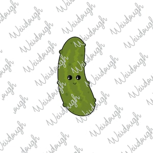 May include: A cartoon pickle with a green body and a cute smiling face. The pickle is drawn in a simple, whimsical style.