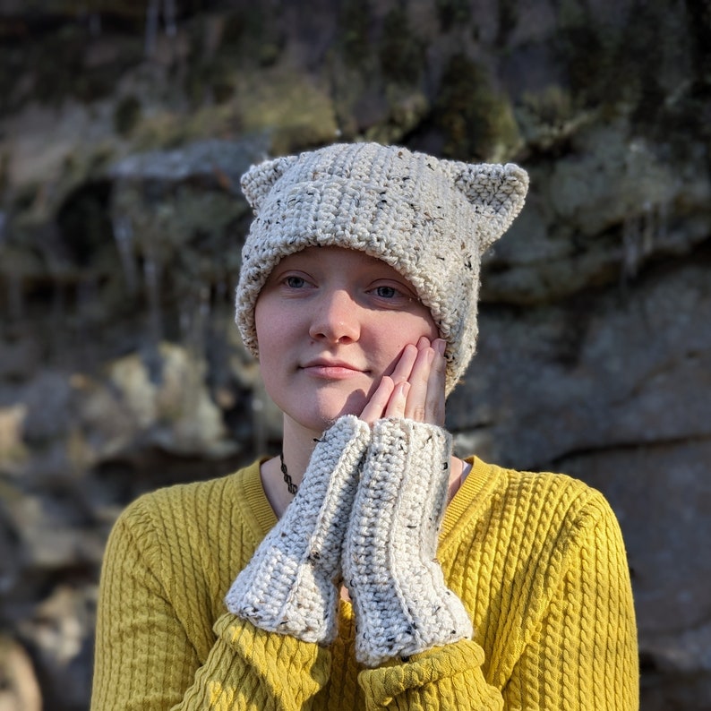 BUNDLE Cat Beanie and Wrist Warmers Cat Ear Beanie Winter Clothing Gift