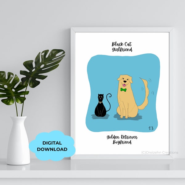 Printable Black Cat Girlfriend and Golden Retriever Boyfriend Wall Art, Couples home decor, cute animal print, black cat wall art