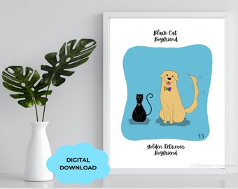 Printable Black Cat Boyfriend and Golden Retriever Boyfriend wall art, cute gay couples art, queer art, animal art