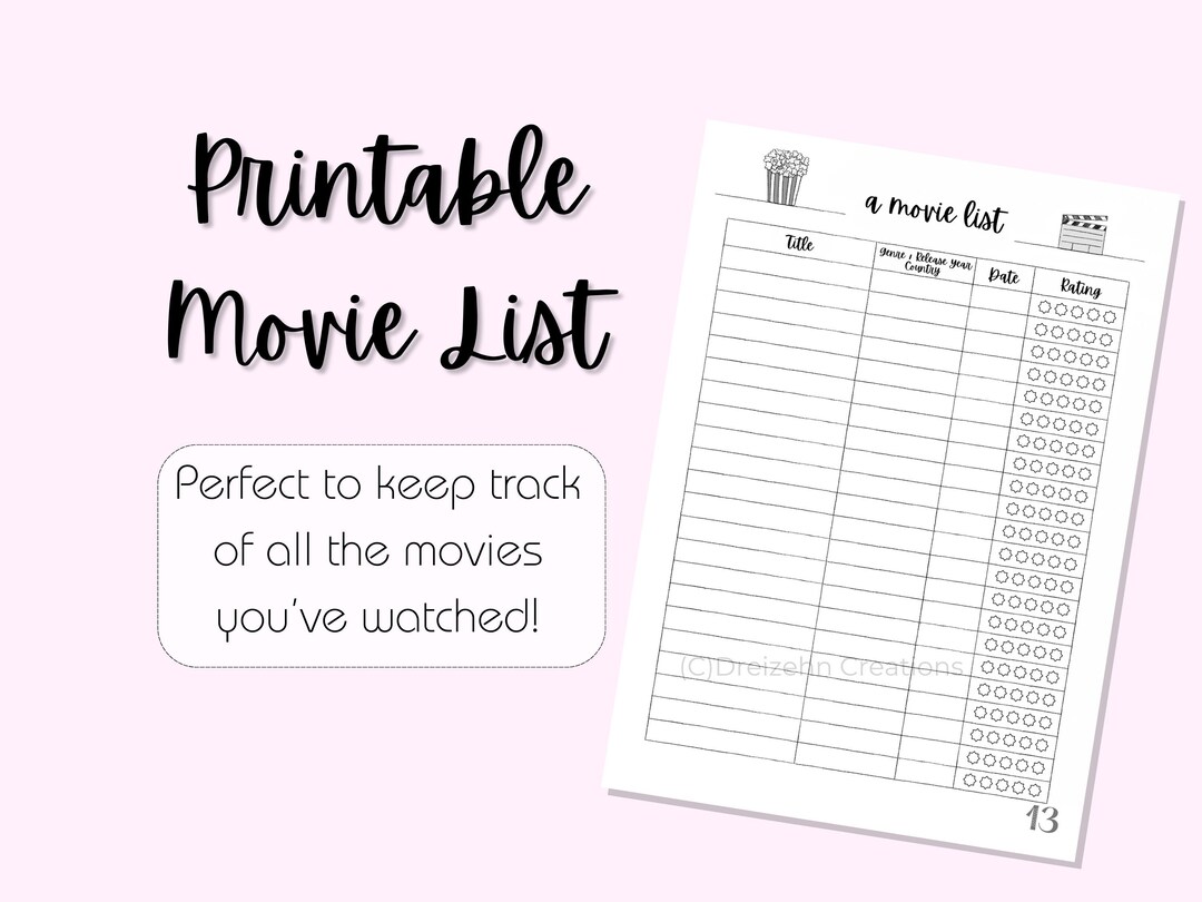 Printable Movie List Film Review Rating List A4 Movie List Format 