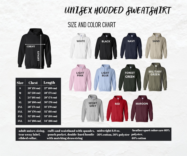 Puede incluir: Tabla de tallas para sudadera con capucha unisex con opciones de color. La tabla muestra diferentes colores de sudaderas, incluyendo blanco, negro, azul marino, arena, rosa claro, azul claro, verde bosque, verde militar, gris deportivo, rojo y granate. La tabla tambi&eacute;n incluye medidas de talla y pecho en pulgadas y medidas de longitud en pulgadas.
