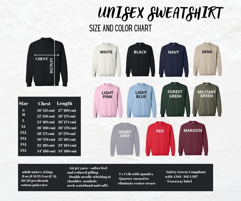 Puede incluir: Tabla de tallas y colores para sudadera unisex con una variedad de colores, incluyendo blanco, negro, azul marino, arena, rosa claro, azul claro, verde bosque, verde militar, gris deportivo, rojo y granate. La tabla incluye medidas de pecho y largo en pulgadas y cent&iacute;metros para las tallas S, M, L, XL, 2XL, 3XL, 4XL y 5XL.