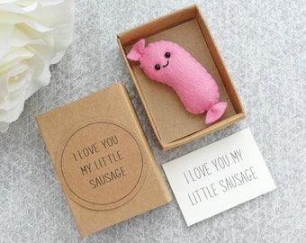 Cute Sausage in a Matchbox: Handmade Felt Food Gift with funny personalized pun card