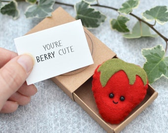 Cute strawberry pun gift, felt strawberry, Valentines Day Gift, matchbox strawberry pun gift, funny love gift, strawberry, birthday gift
