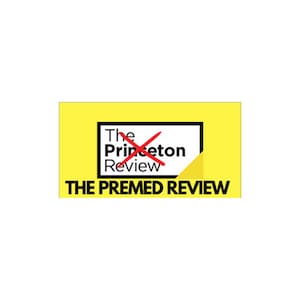 Pode incluir: Um adesivo amarelo com um X vermelho sobre o texto "The Princeton Review" e o texto "THE PREMED REVIEW" em preto.