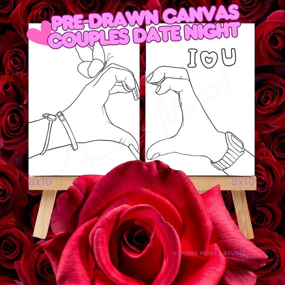 Pre-Sketched Canvas Set for Paint and Sip | Couple’s Date Night Kit | Love Romantic, Valentines  Stay in Paint night, I Heart U Shaped Hands