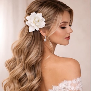 Ai-generated image of model wearing gardenia flower hair clip