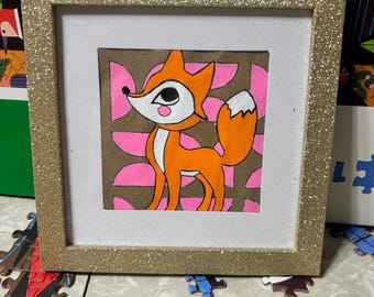 Glitter Frame Fox – Orange Woodland Animal on Neon Pink Scallop Background