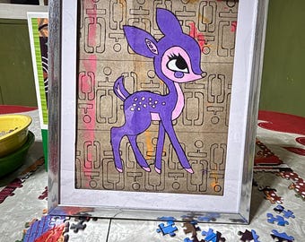 Purple & Pink Deer – 8x10 Original on 60s Mod Geometric Background