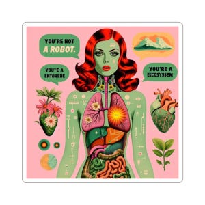 May include: A square sticker featuring a green-skinned figure with red hair against a pink background. Text reads: YOU'RE NOT A ROBOT, YOU'E A ENTOREDE, and YOU'RE A ECCOSYSSEM. The figure displays internal organs, flowers, a heart, and a mountain landscape.