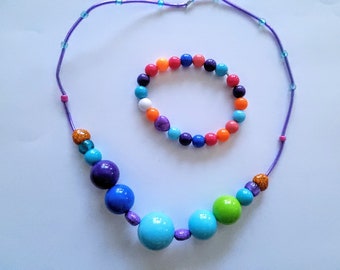 Conjunto de collar y pulsera de cuentas coloridas / Regalo de joyería para niños pequeños