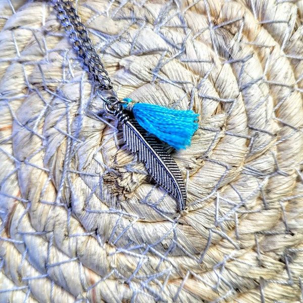 Minimalist Upcycled Necklace | Cyan Tassel & Feather Charm | Upcycled Jewelry | Necklace Gift for Women and Girls | 24" Matinee Length