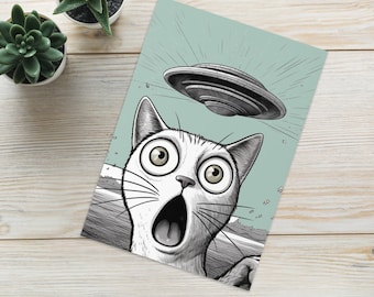 Cat Alien UFO Greeting Card, Blank Inside, Funny Card for Any Occasion