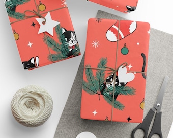 Cute Cats Christmas Wrapping Paper, Festive Holiday Gift Wrap, Adorable Cat and Ornament Design, Black Cat Decor, Funny Xmas Wrap, Tuxedo