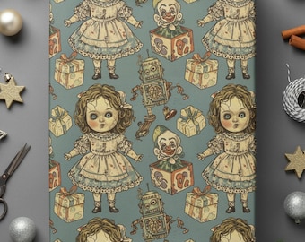 Creepy Doll Wrapping Paper Haunted Gift Wrap Weird Vintage Dolls Presents Spooky Jack in the Box Holiday Toy Childhood Memories Nostalgia