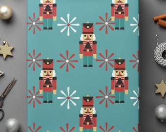 Nutcracker Gift Wrap Christmas Present Holiday Packaging Blue Design Festive Paper Snowflake Pattern Winter Theme Decoration Idea Wrapping