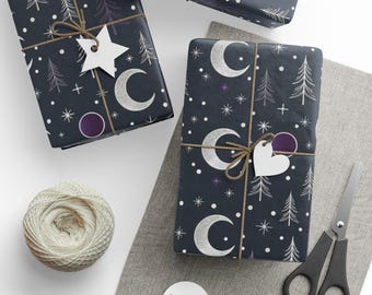 Crescent Moon Christmas Wrapping Paper Winter Holiday Gift Wrap Trees Holiday Celestial Design Starry Night Sky Stars Magical Festive Xmas