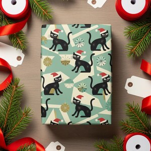 Cat Christmas Paper Midcentury Modern Gift Wrap Holiday Presents Atomic Santa Hat Festive Design Black Cat Lover Wrapping Paper Christmas image 9